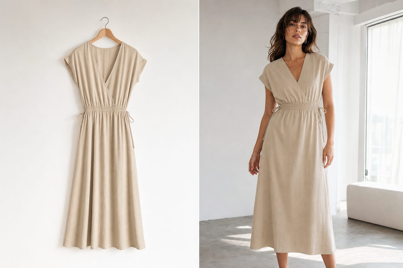 Before and after: a dress on a hanger and on an AI model