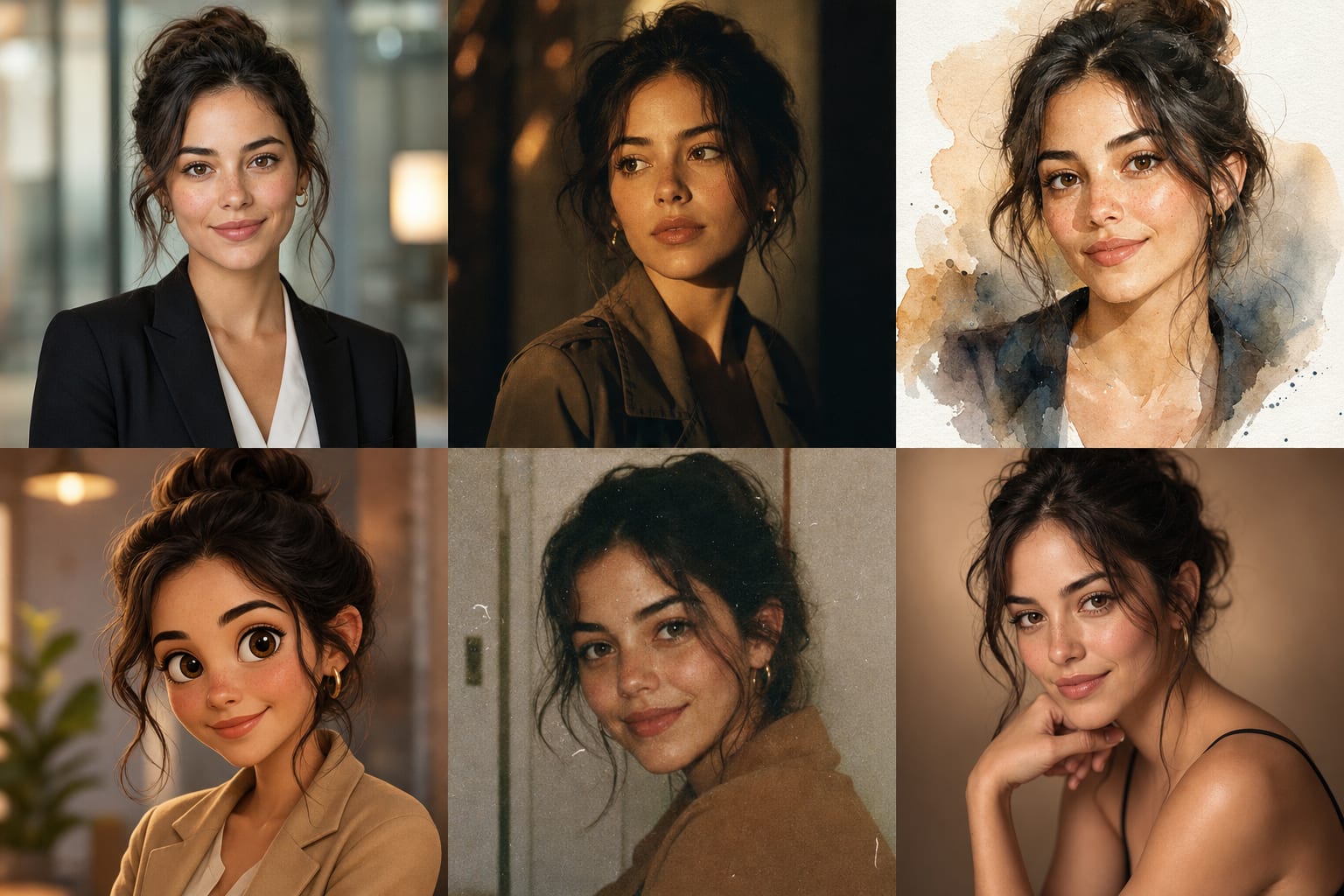 Six AI portraits of the same woman: business, cinematic, watercolor, cartoon avatar, retro and glamour